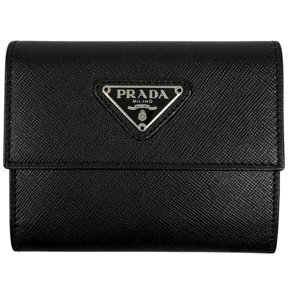 Prada Plate Bi fold Wallet coin case Wallet Card Leather Nero Black